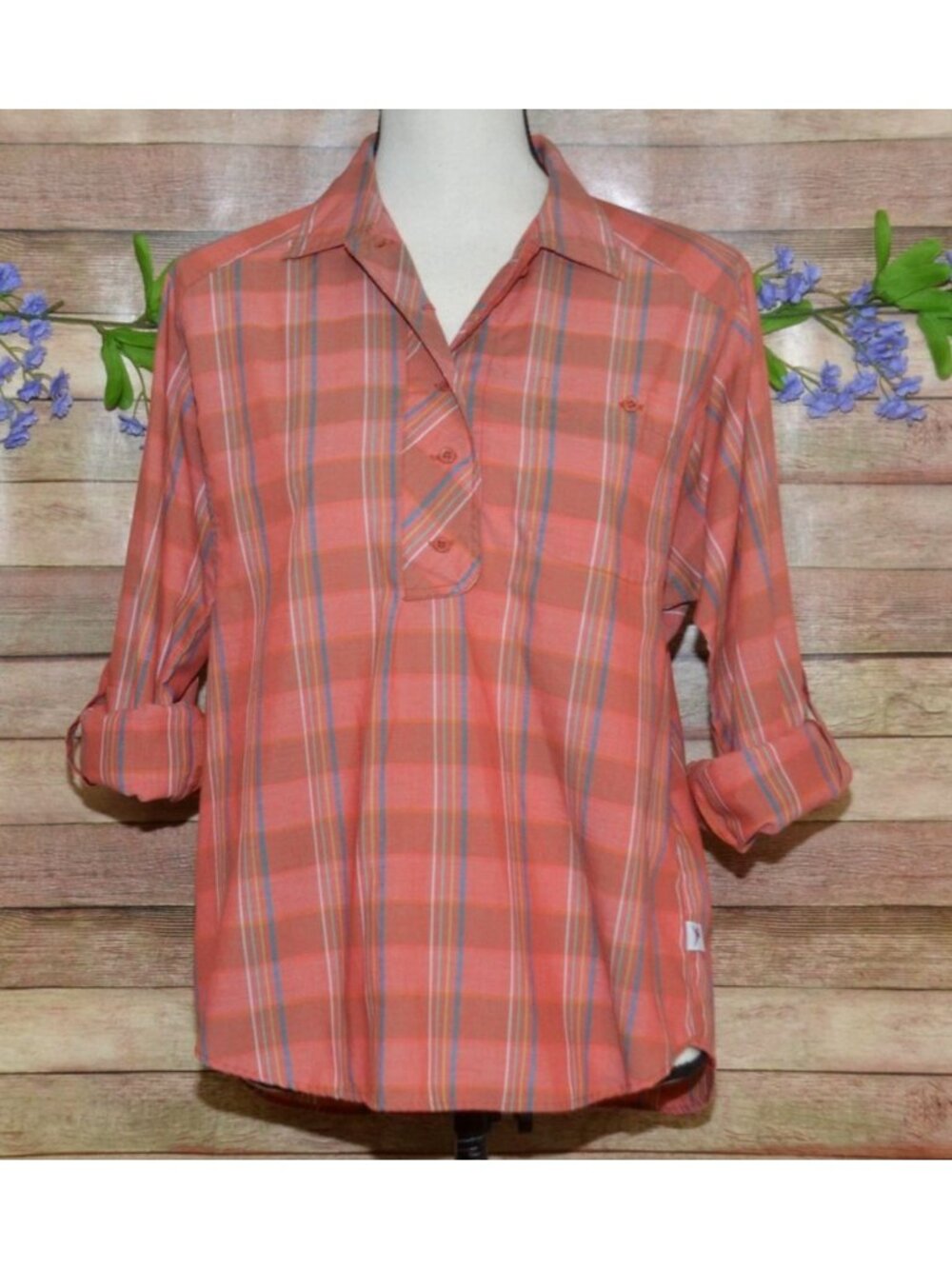 VTG 80’s Pheasant Hill Ladies Roll Tab Sleeve V-Neck Plaid Blouse Size 8